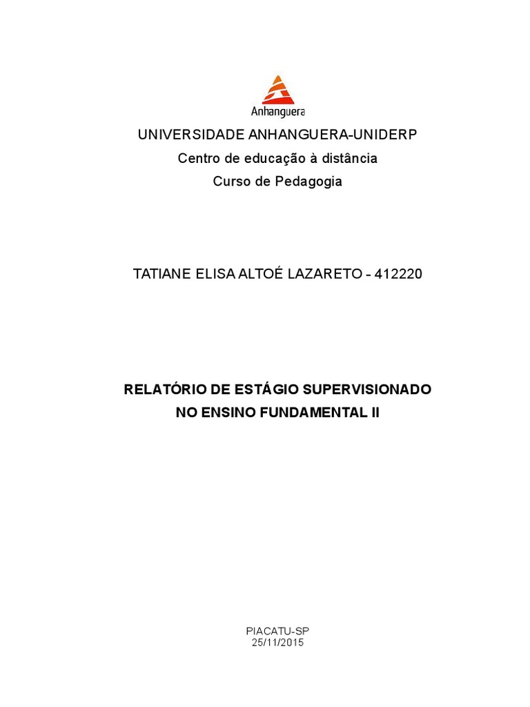 Relatorio De Estagio Supervisionado Pedagogia Ensino Infantil Ensino 