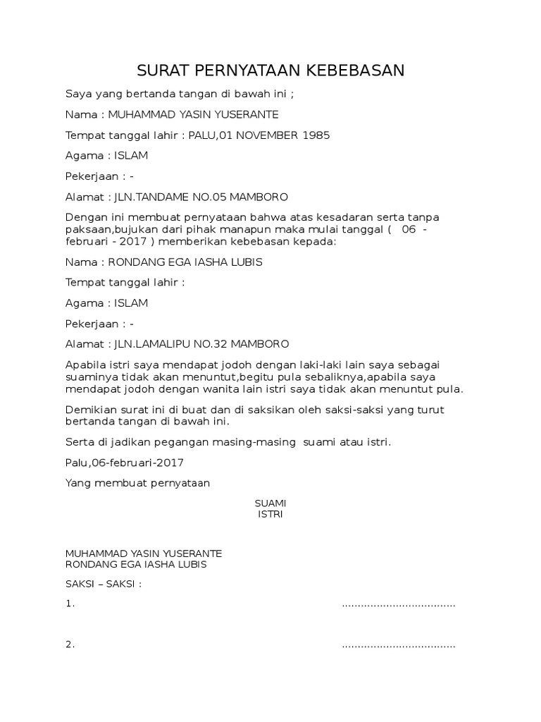 Surat Pernyataan Kebebasan | PDF