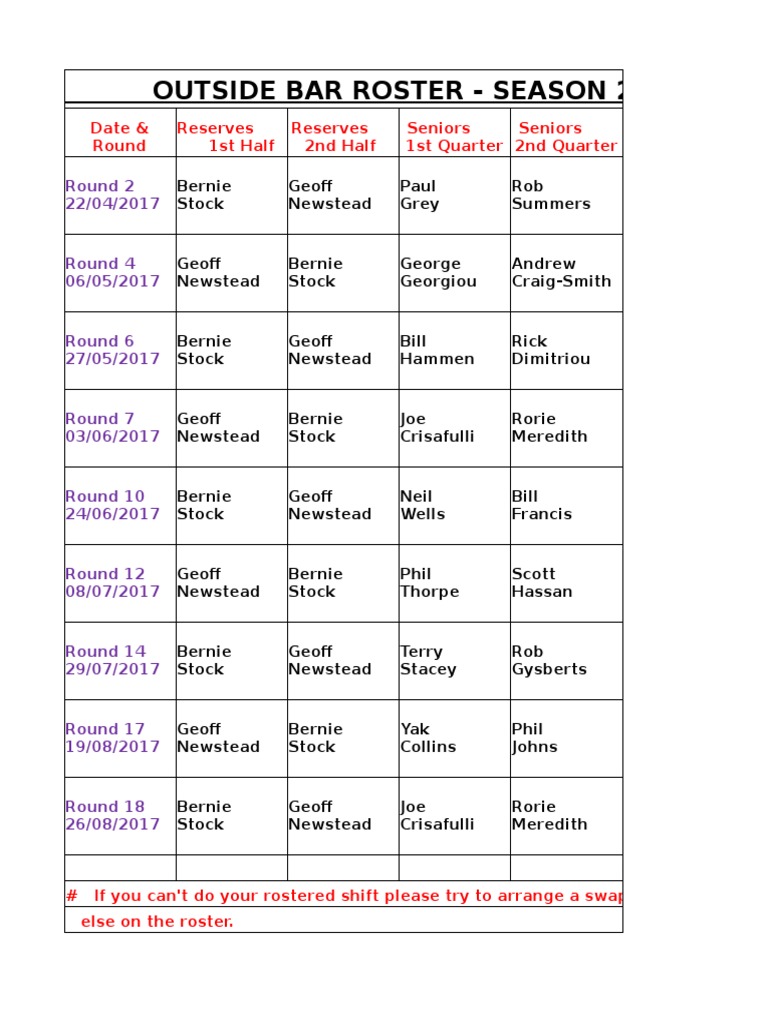 2017 Outside Bar Roster Schedule | PDF | Sports