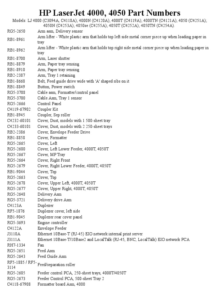 HP LaserJet 4000/4050 Part Numbers Guide | PDF | Printer (Computing ...