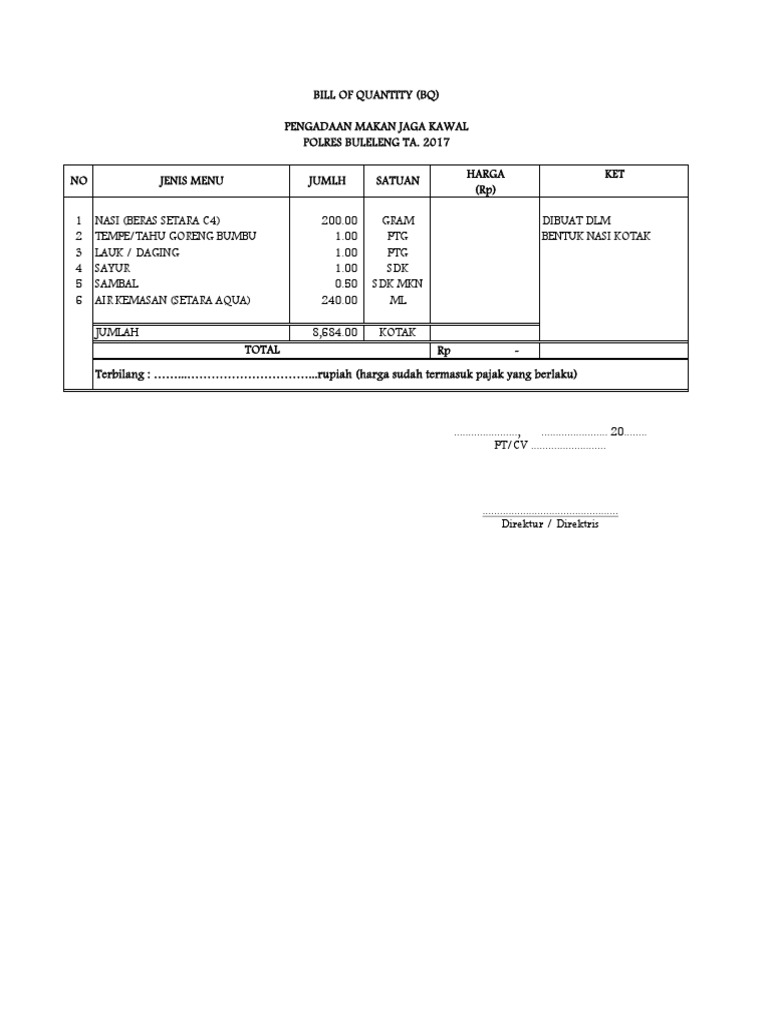 Contoh BQ Pengadaan Makanan 2017 | PDF