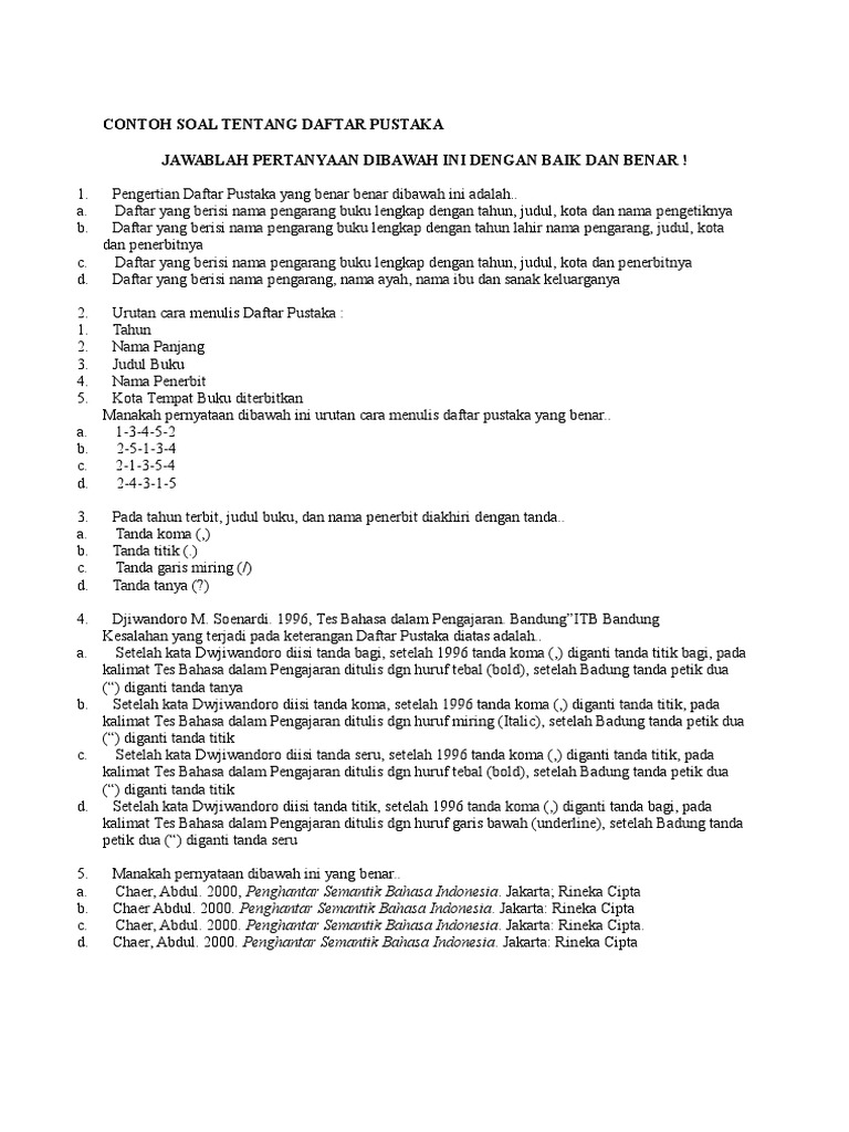 Contoh Soal Tentang Daftar Pustaka