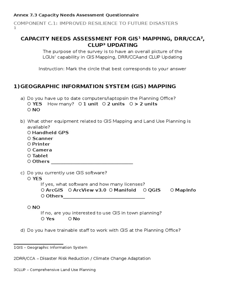 Capacity Needs Assessment Questionnaire Emergency Management