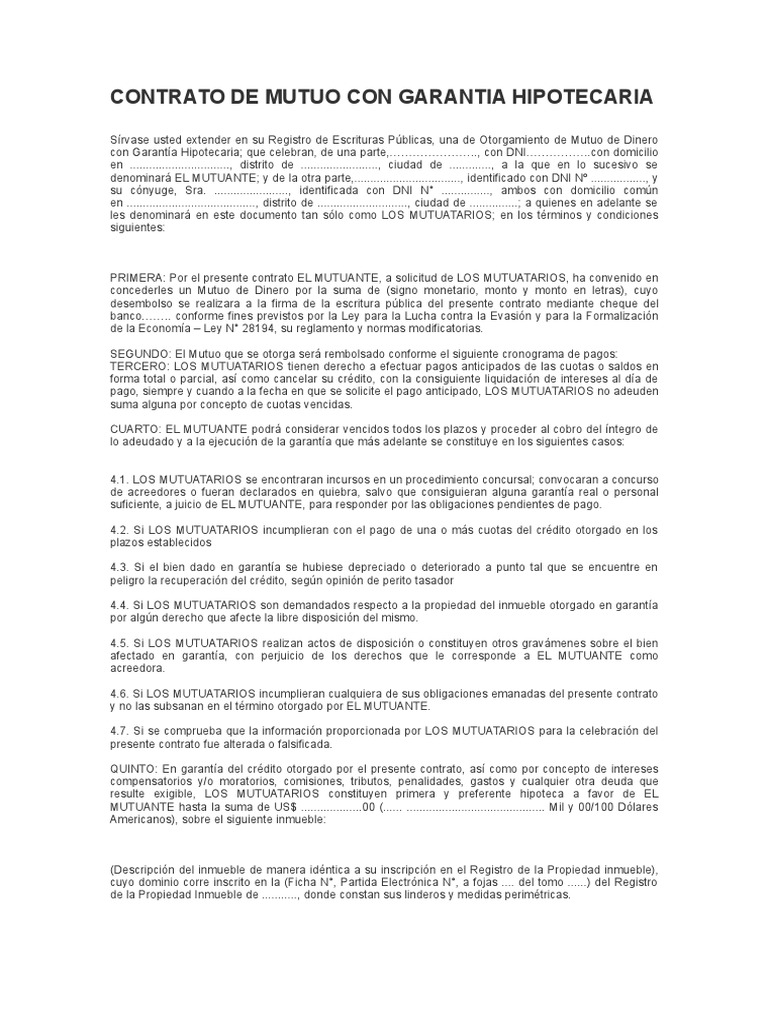 Contrato de Mutuo Con Garantia Hipotecaria Propiedad Pagos
