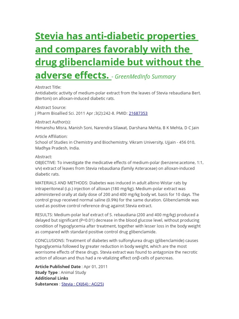 Stevia lowers blood sugar without side effects like drugs PDF