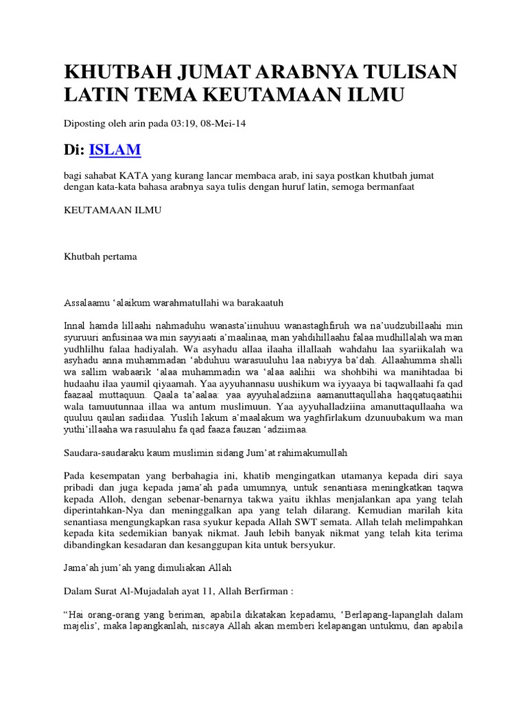 Rival Khutbah Jumat Arabnya Tulisan Latin Tema Keutamaan Ilmu