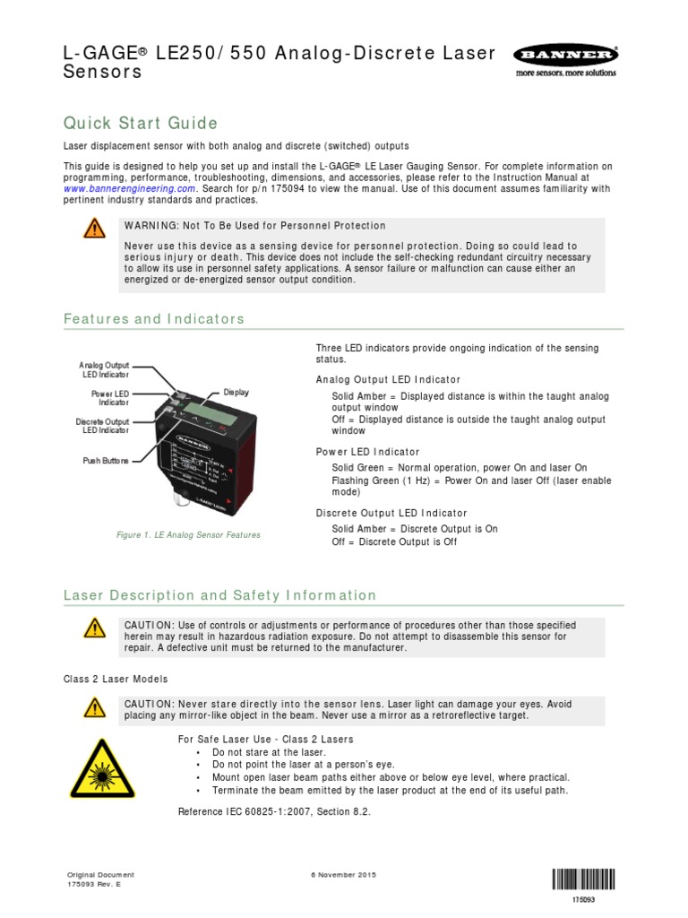 L-Gage LE250/550 Analog-Discrete Laser Sensors: Quick Start Guide