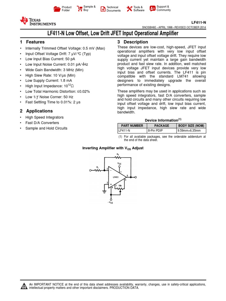 LF411-N Low Offset, Low Drift JFET Input Operational Amplifier | PDF ...