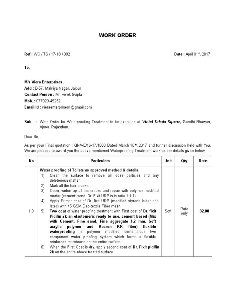 Waterproofing Work Order for Hotel Taleda | PDF | Concrete | Mortar ...
