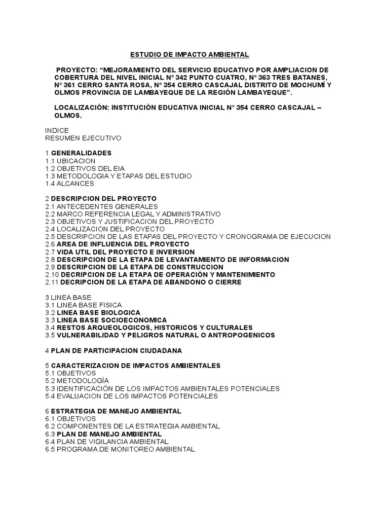 Estudio de Impacto Ambiental Proyecto Educativo | PDF | Evaluación de ...