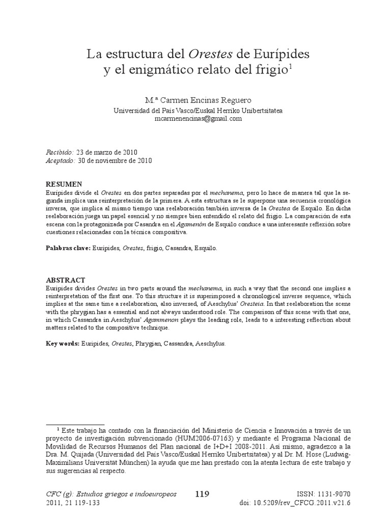 La Estructura Del Orestes de Eurípides PDF Helena de Troya Agamenón