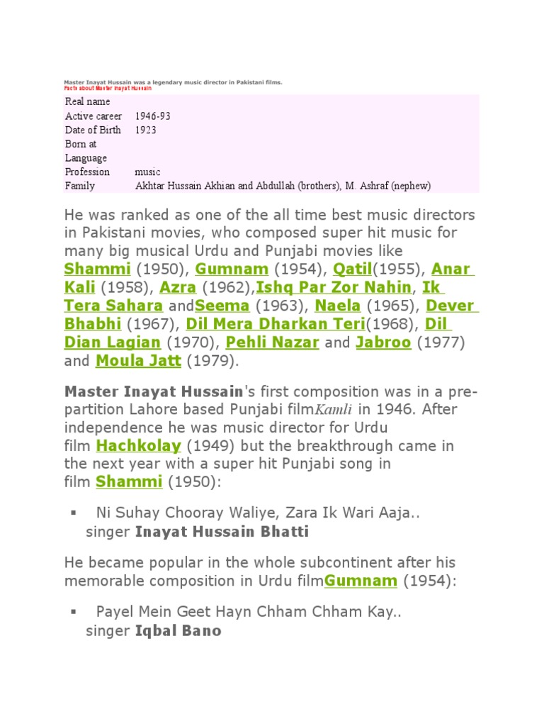 Master Inayat Hussain: A Legendary Pakistani Music Director and His ...