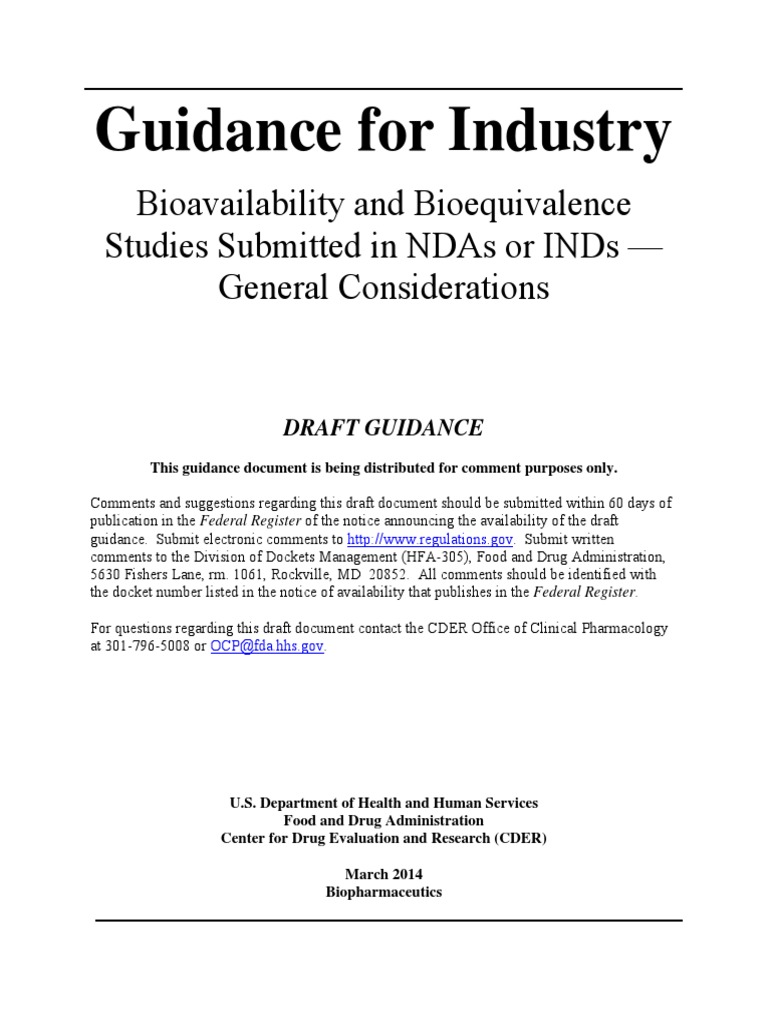 Guidance For Industry: Bioavailability and Bioequivalence Studies ...
