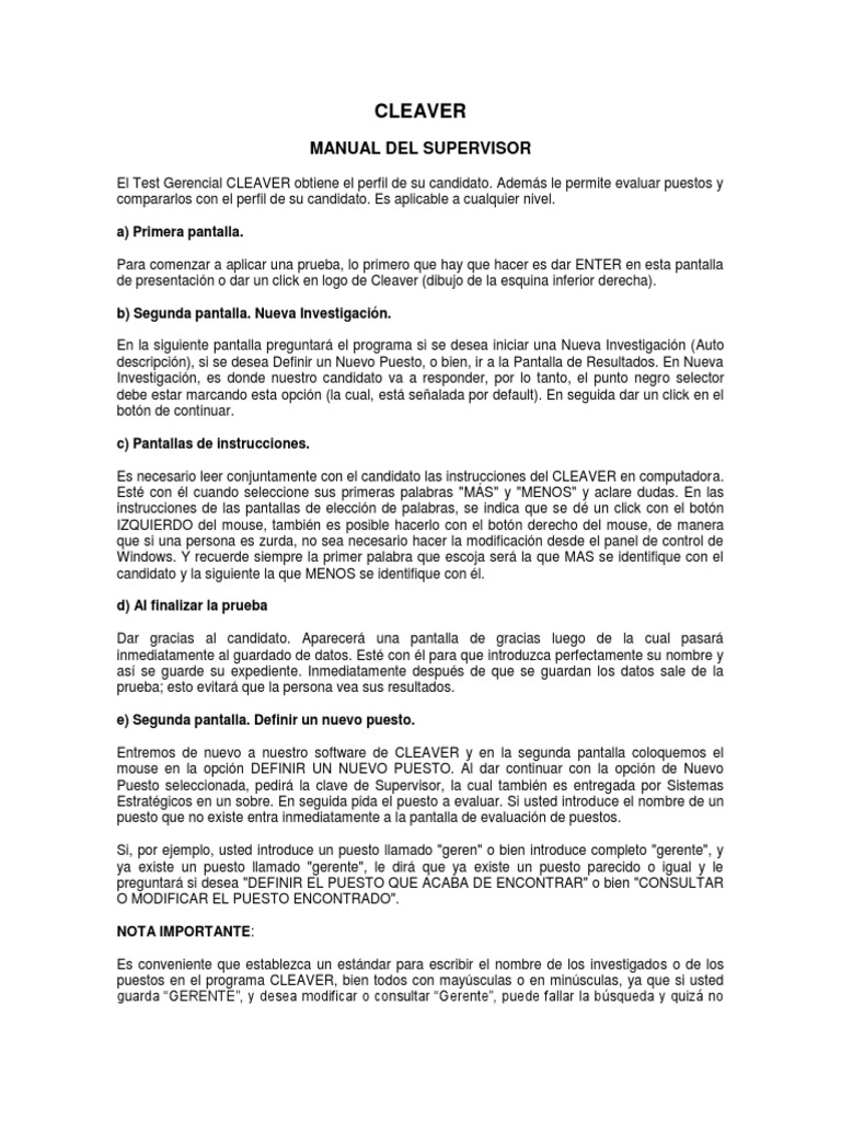 Manual Del Supervisor Cleaver | PDF | Archivo de computadora | Informática
