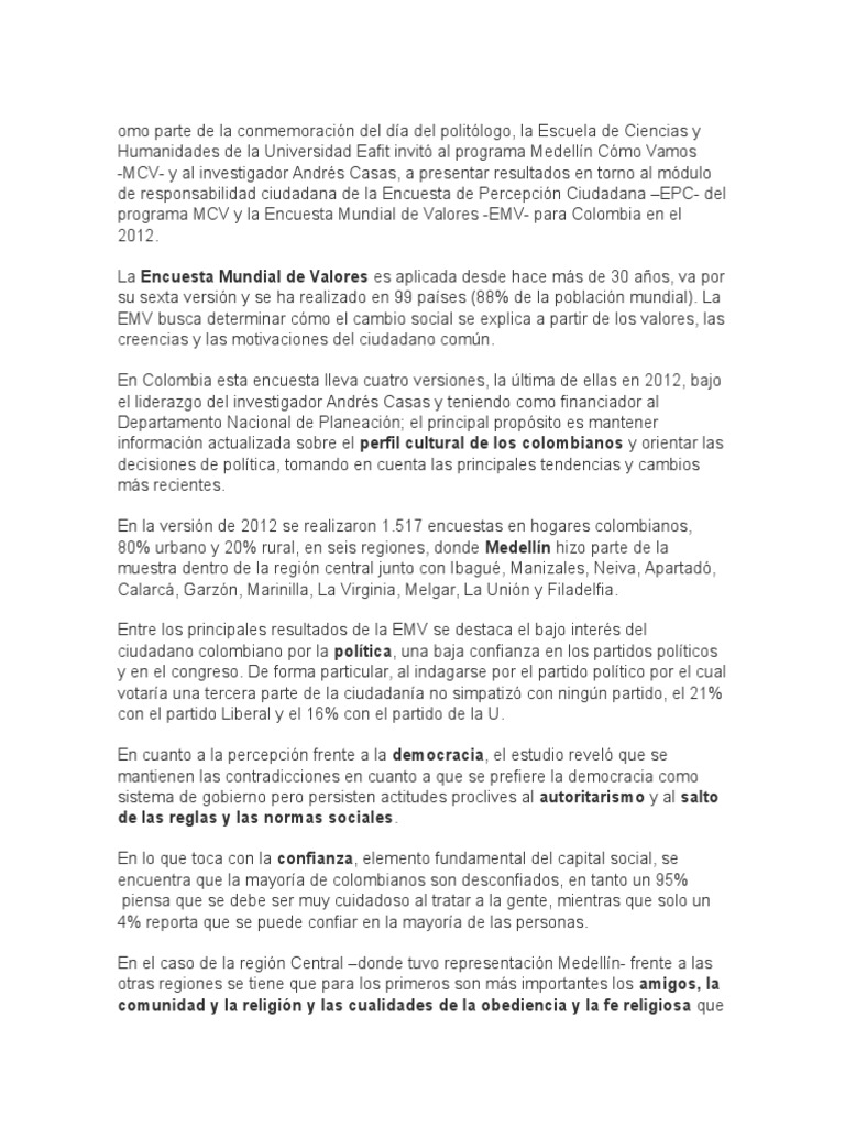 Encuesta Mundial de Valores PDF Colombia Democracia