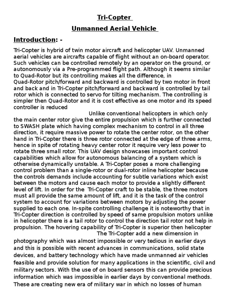 Tri-Copter UAV: Design and Control Insights | PDF | Helicopter Rotor ...