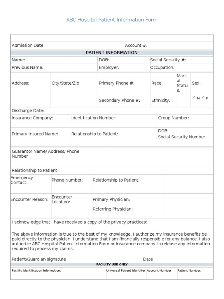 ABC Hospital Patient Information Form | PDF | Patient | Health Economics