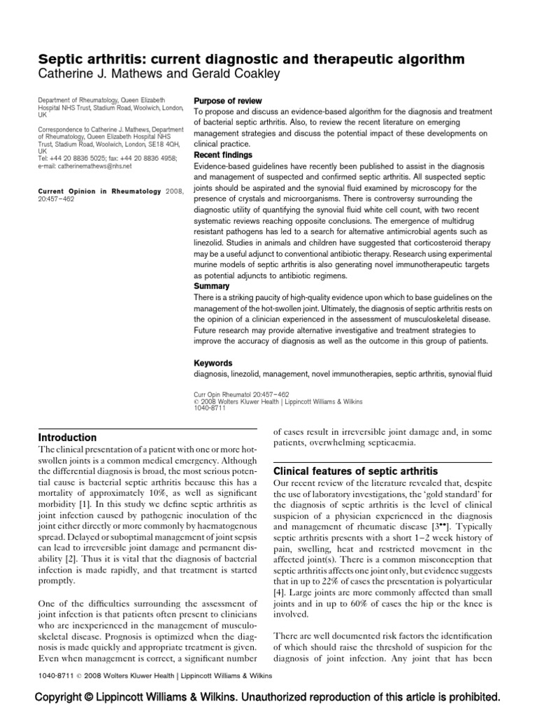 Septic Arthritis: Current Diagnostic and Therapeutic Algorithm | PDF ...
