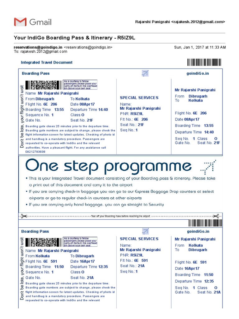 IndiGo Boarding Pass & Itinerary R5IZ9L PDF Identity Document
