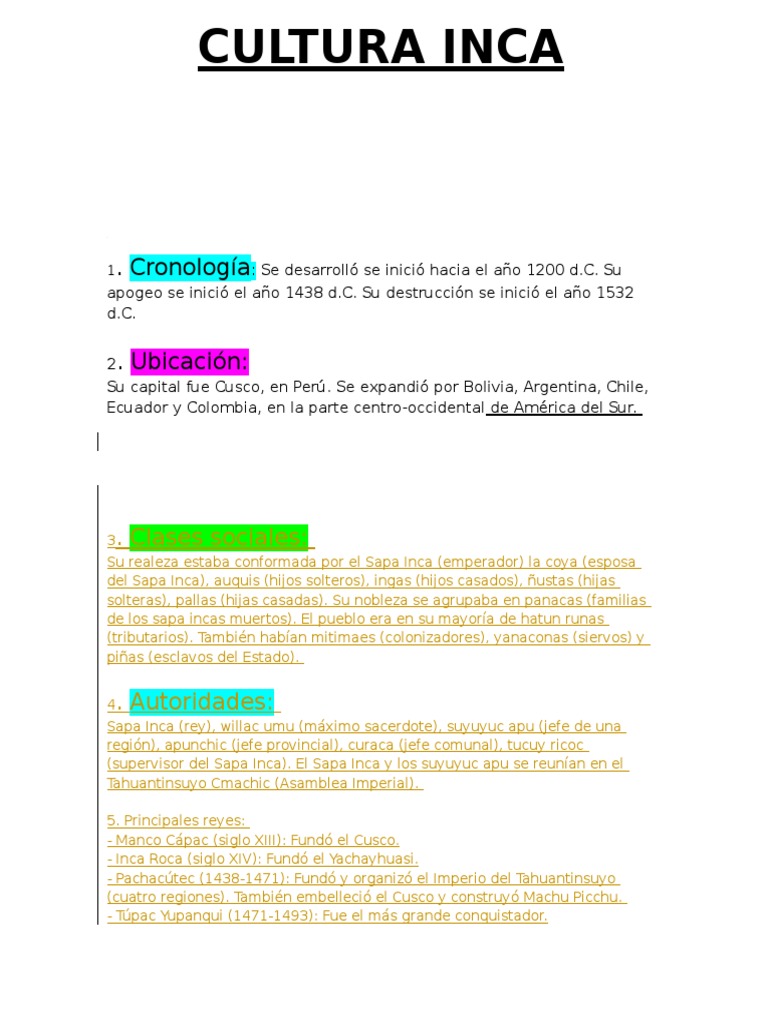 Cronología y Cultura del Imperio Inca | PDF | Imperio Inca | Andes