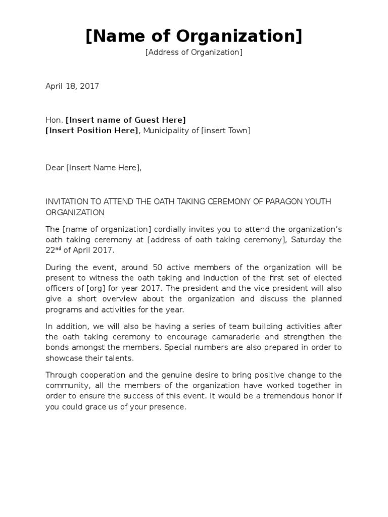 Invitation Letter To Guests Oath Taking Pdf Ceremonies