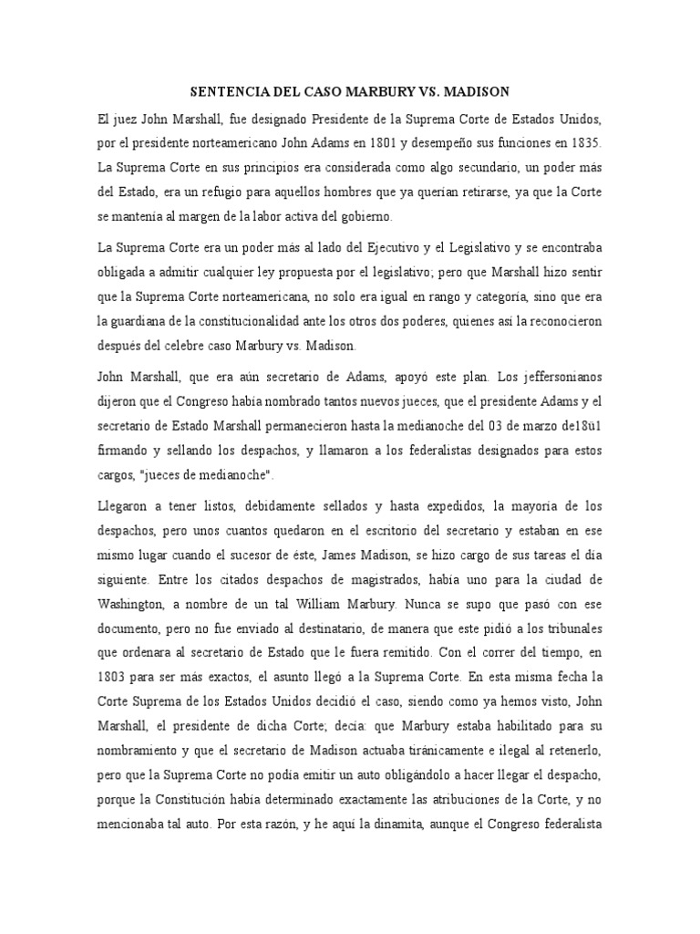Sentencia Del Caso Marbury Vs Madison | PDF | John Marshall | Constitución