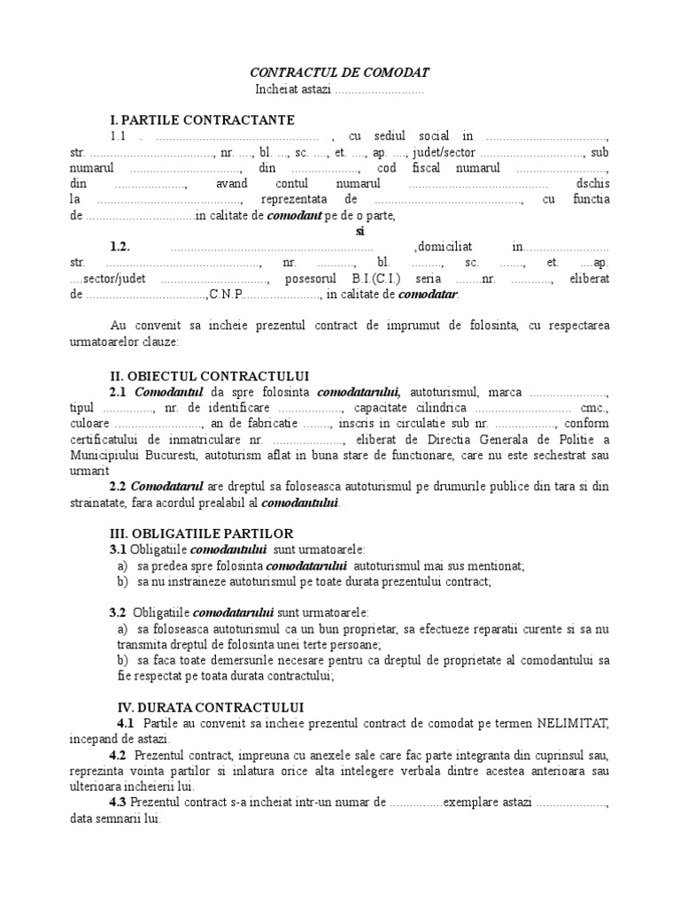 Contract De Comodat Auto