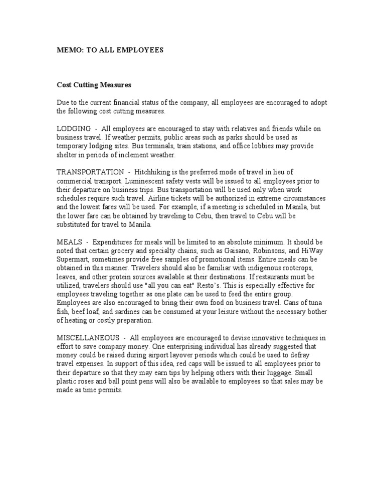 Memo COST CUTTING MEASURES