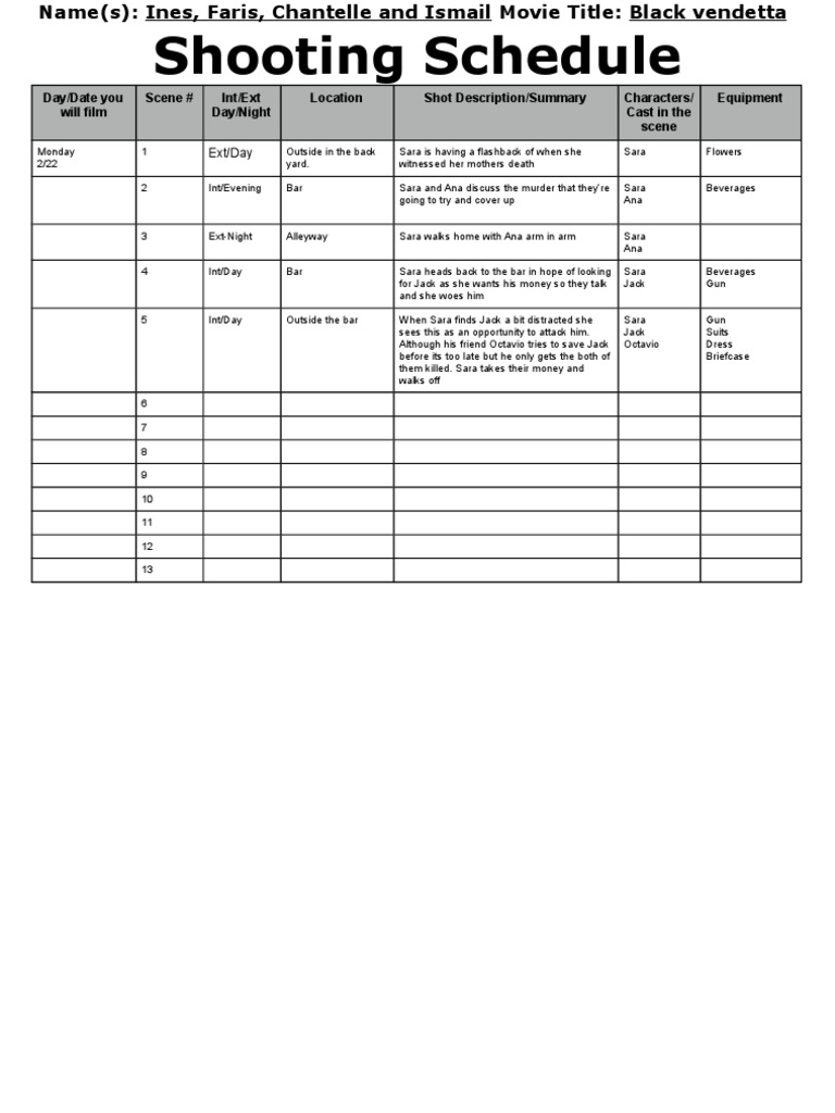 Shootingschedule | PDF
