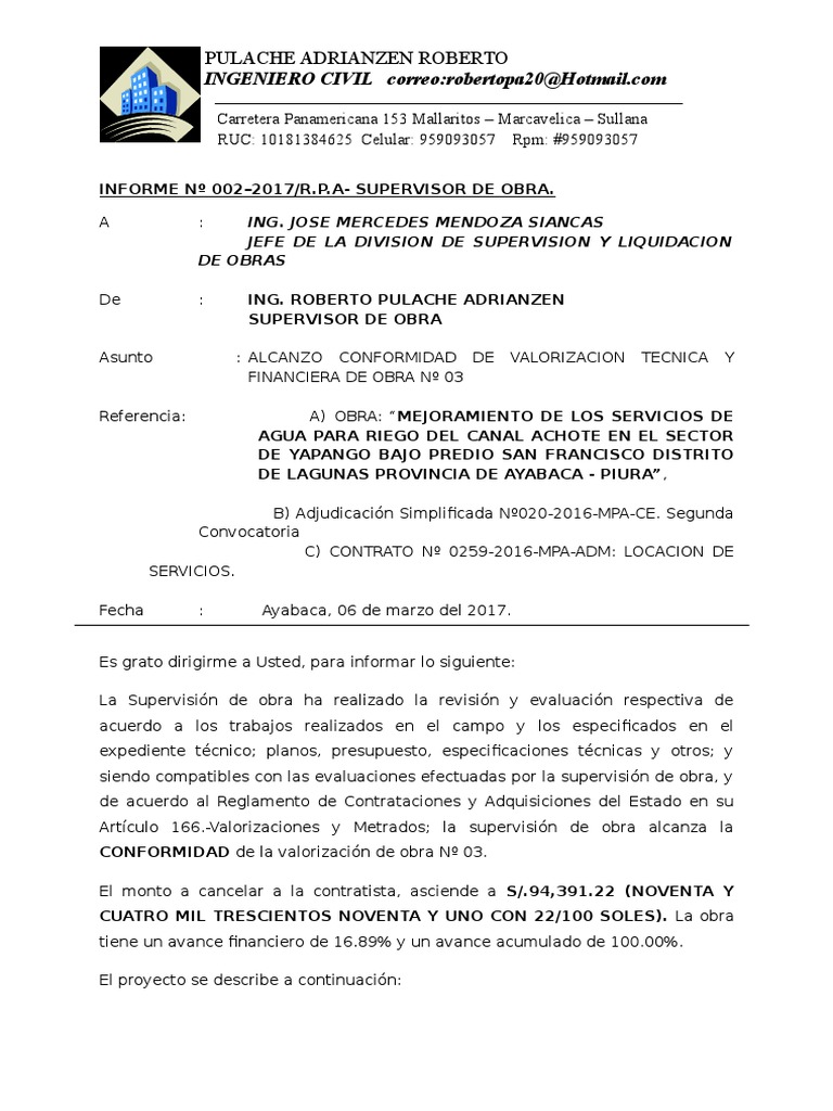 INFORME 03 Supervisor de Obra | PDF | Economía (general) | Business
