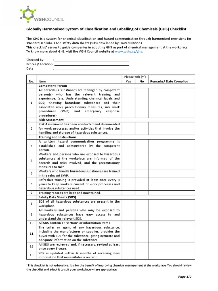 GHS Compliance Checklist for Workplaces | PDF | Prevention ...