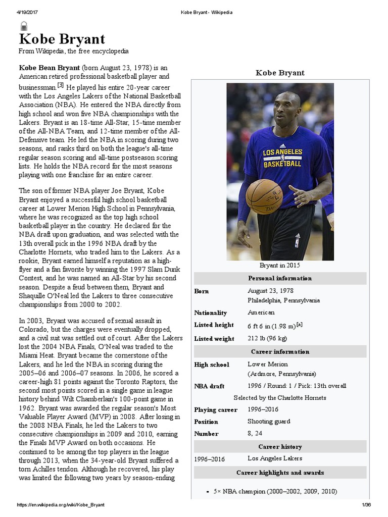 Kobe Bryant Wikipedia Pdf Los Angeles Lakers Kobe Bryant