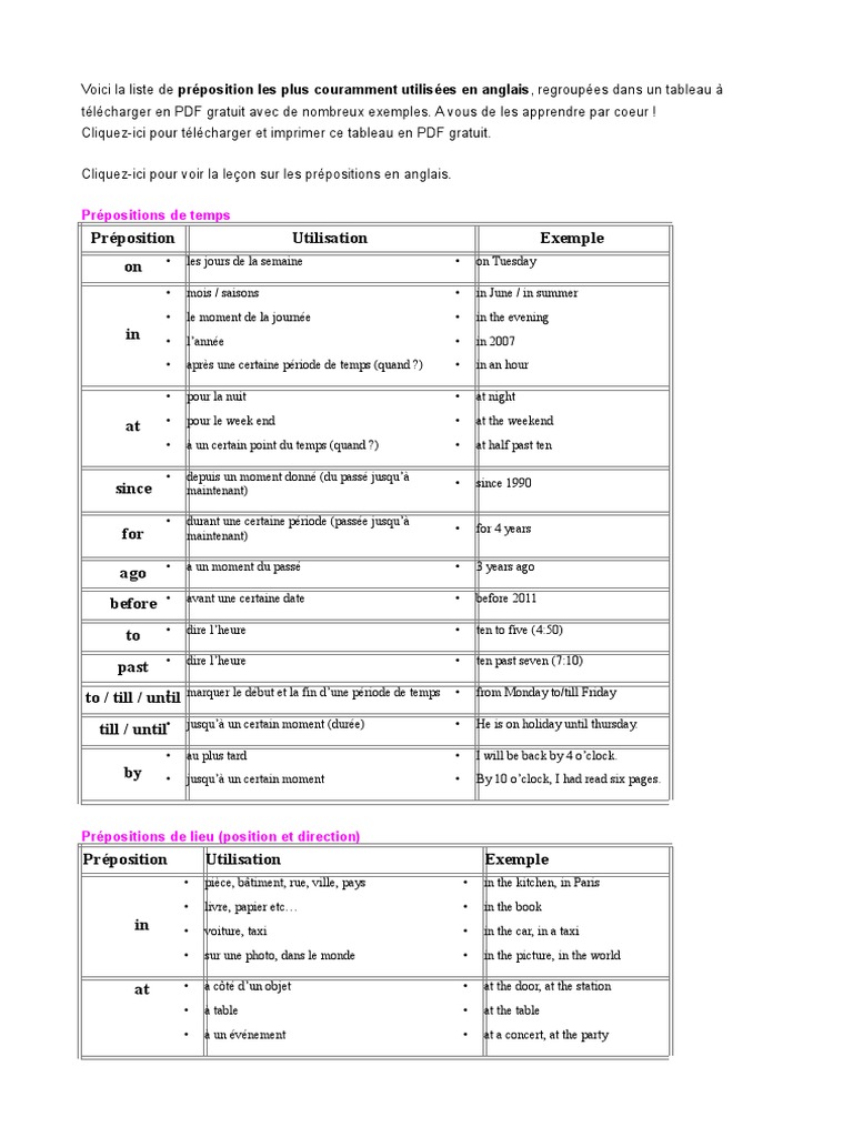 Les Prepositions De Lieu Anglais Exercices A Imprimer Liste Préposition Anglais | PDF