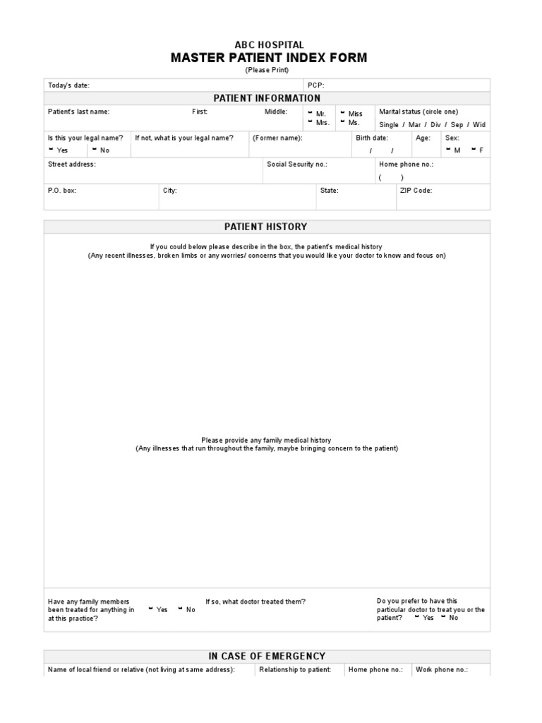 master patient index form Patient Physician