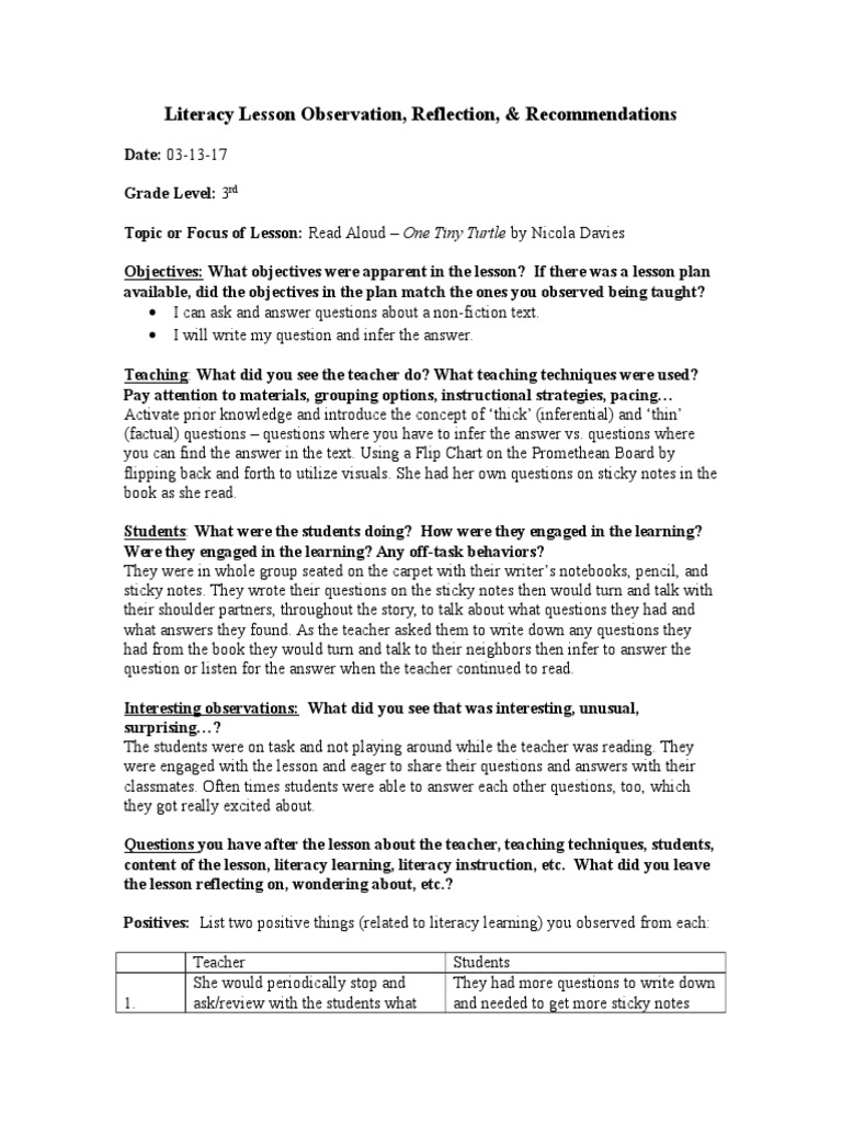 Grade 3 Literacy Lesson Insights | PDF | Reading Comprehension | Teachers
