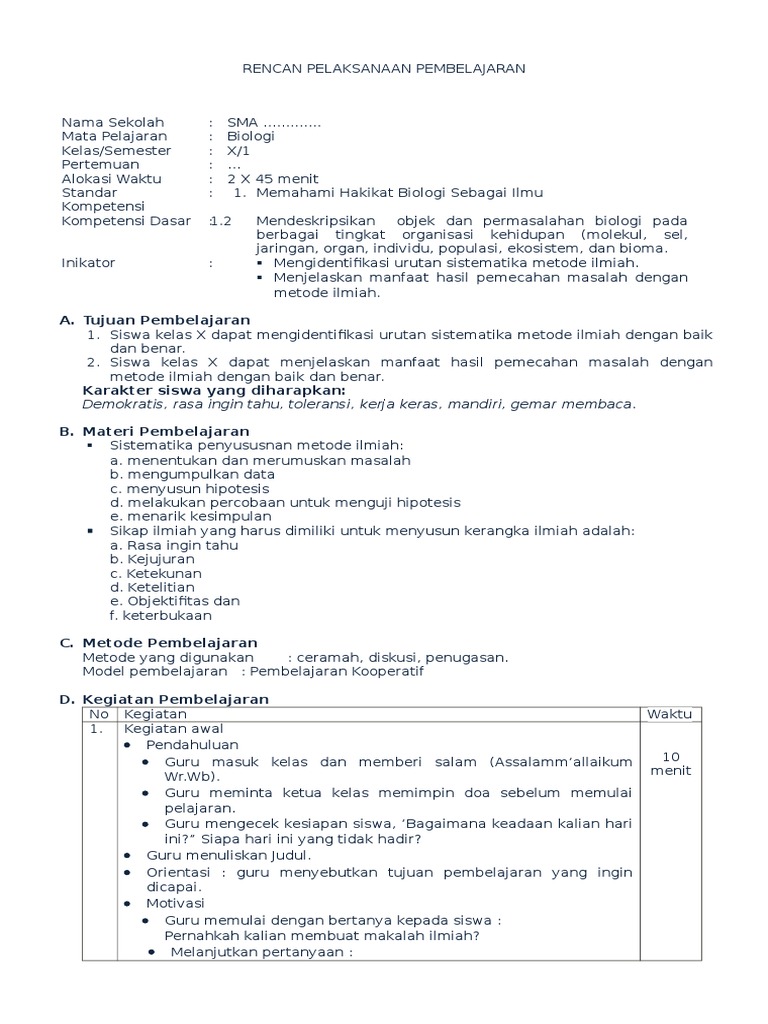 Rpp Biologi Kd 1 2 Metode Ilmiah 2