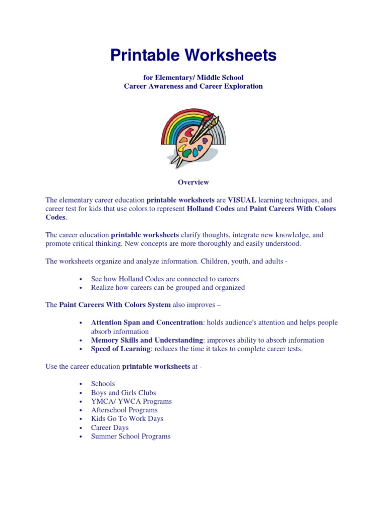 Career Exploration Printable Worksheets | PDF | Worksheet | Schools
