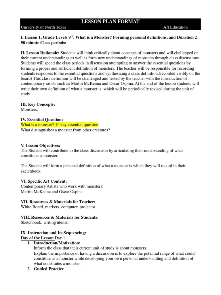 Definition of Monsters Lesson PDF Monsters Classroom Management