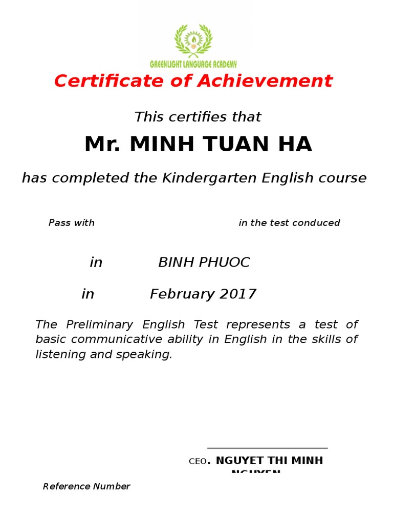 Mr. Minh Tuan Ha Certificate of Achievement PDF
