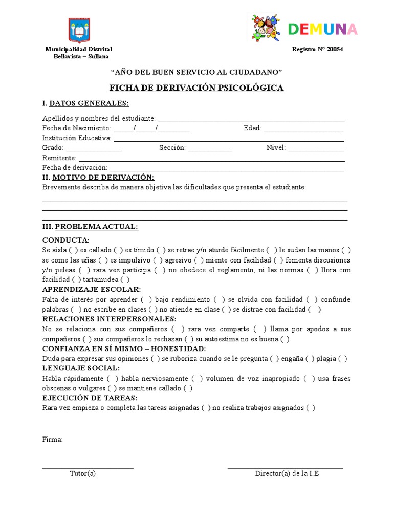 Ficha de Derivación Psicológica