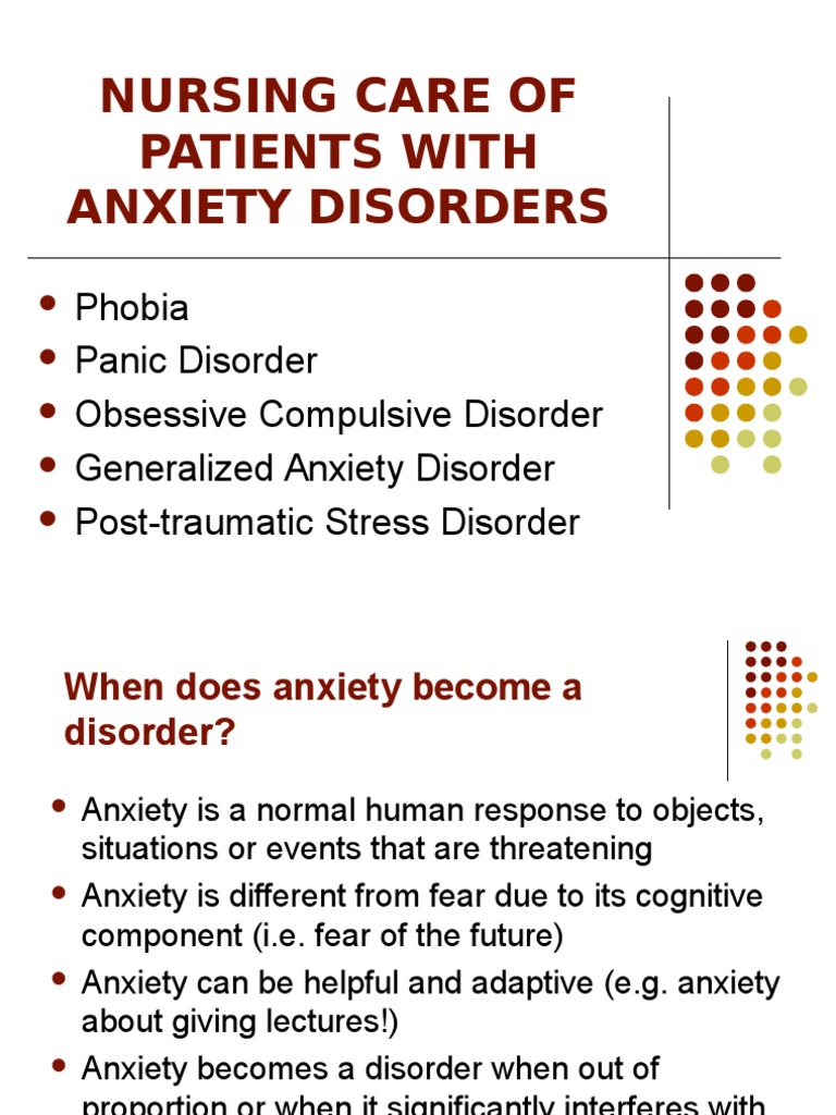 Nursing Management of Anxiety Disorders | PDF | Anxiety Disorder | Phobia
