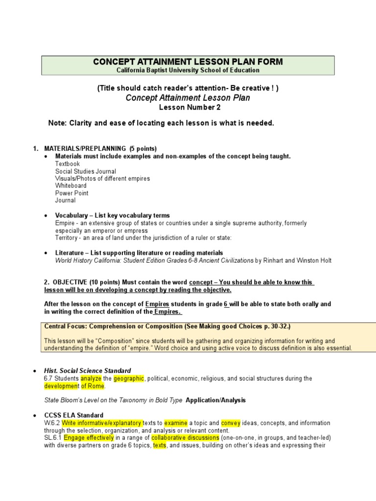 Concept Attainment Lesson Plan Reading Comprehension Monarch