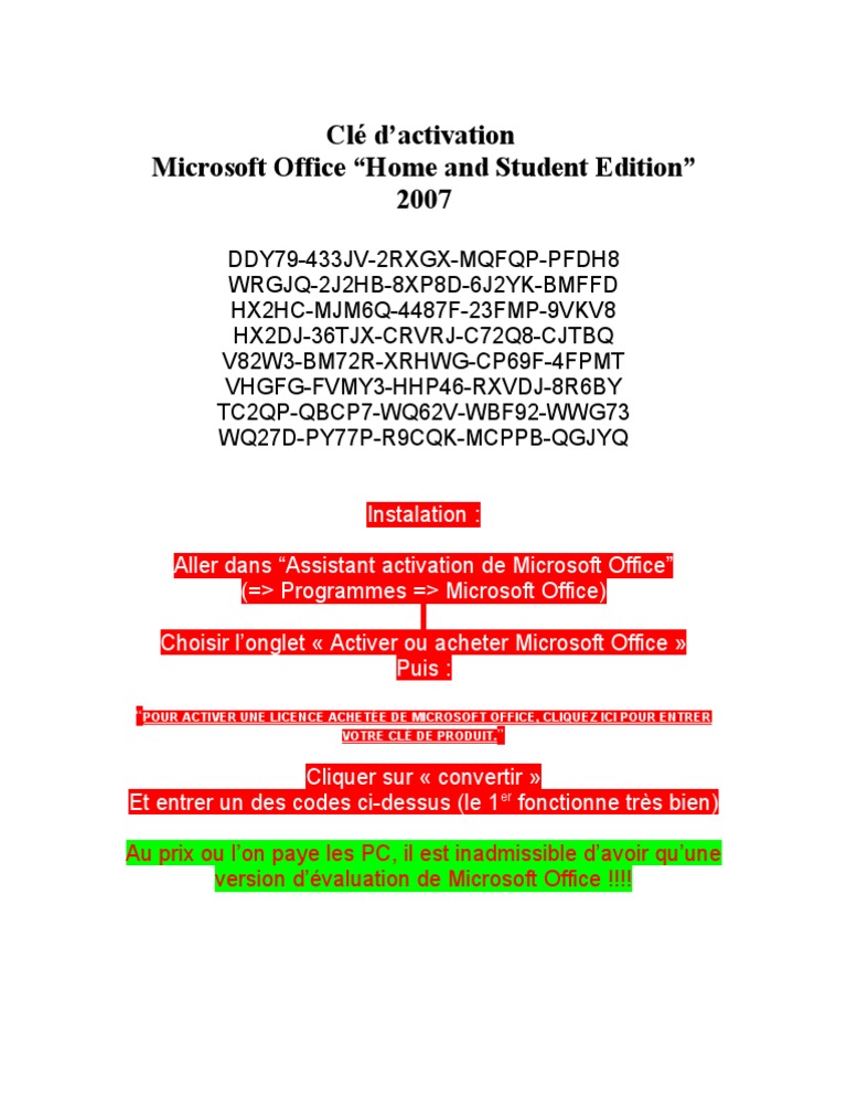 Clé D'activation Office 2007 Home and Student | PDF | Microsoft | Familles  de système d'exploitation