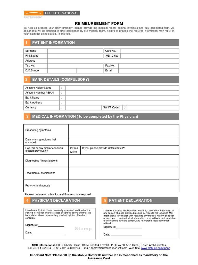 Reimbursement Form: 1 Patient Information | PDF