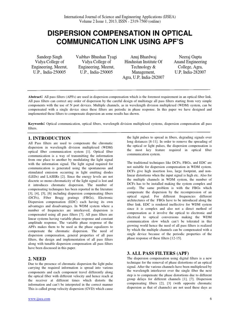 Dispersion Compensation in Optical Communication Link Using Apf'S | PDF ...