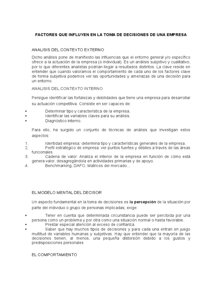 Factores Que Influyen en La Toma de Decisiones de Una Empresa | PDF ...