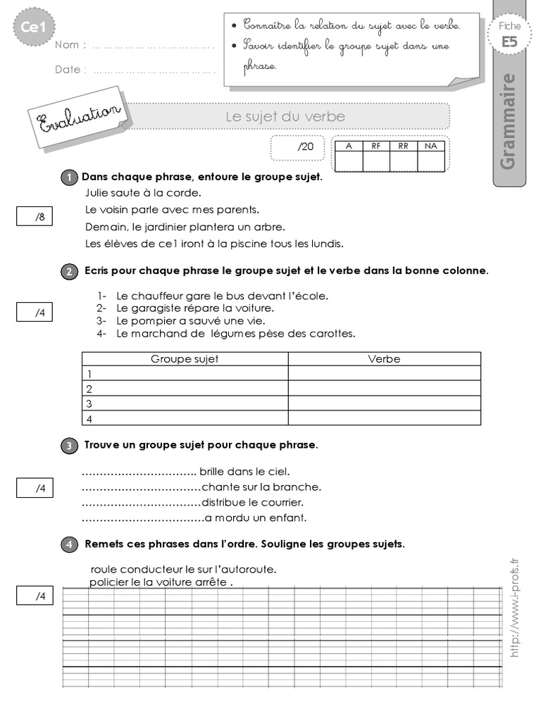 Accord Sujet Verbe Exercices à Imprimer Ce1 Evaluation Sujet | PDF | Sujet (Grammaire) | Phrase
