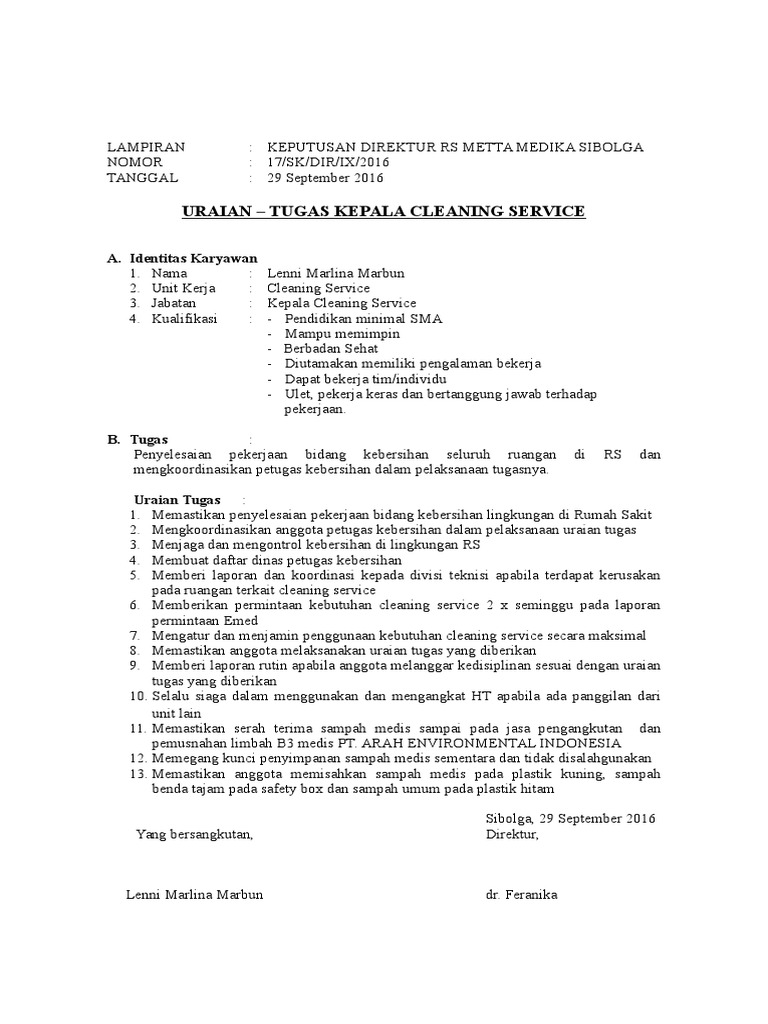 Uraian Tugas Cleaning Service Rumah Sakit Berbagai Rumah