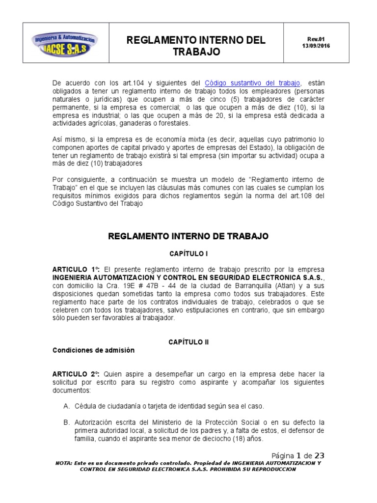 Reglamento Interno de Trabajo SAS | PDF | Derecho laboral | Salario