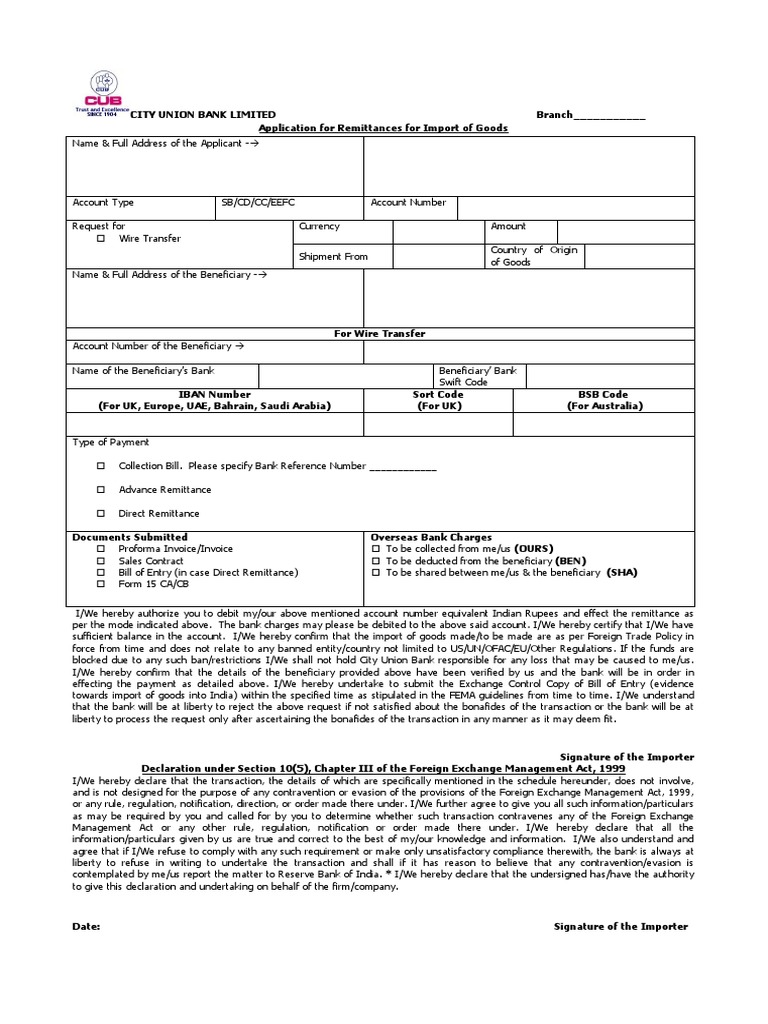 Import Remittance Application Form | PDF | Wire Transfer | Invoice